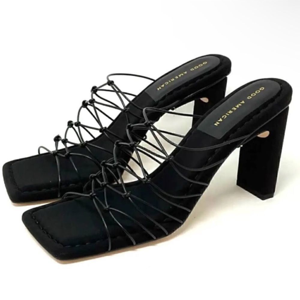 Good American NIB Heels Black Neoprene Square Toe Shoestring design $140
